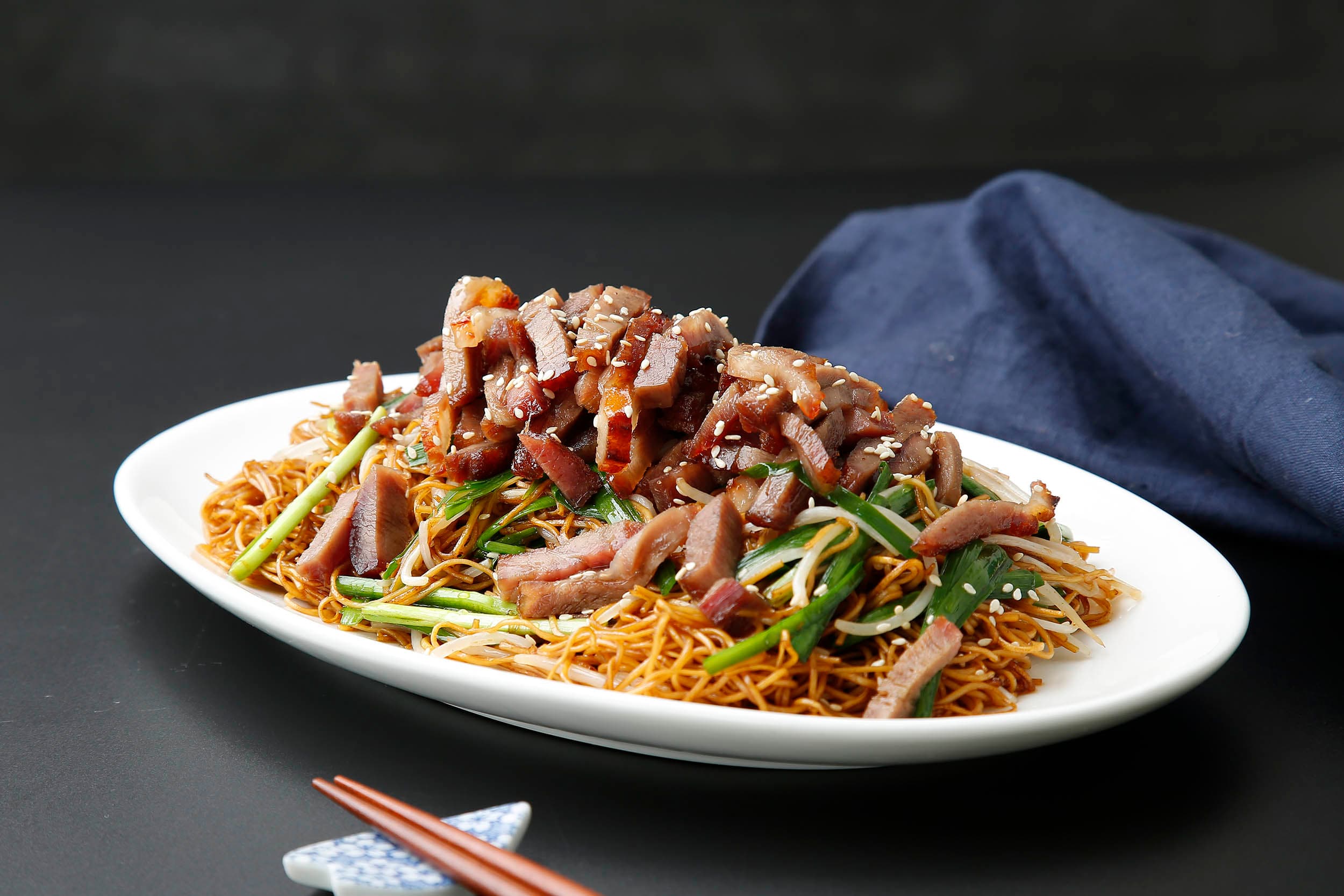 Fried noodles with BBQ pork and soy sauce