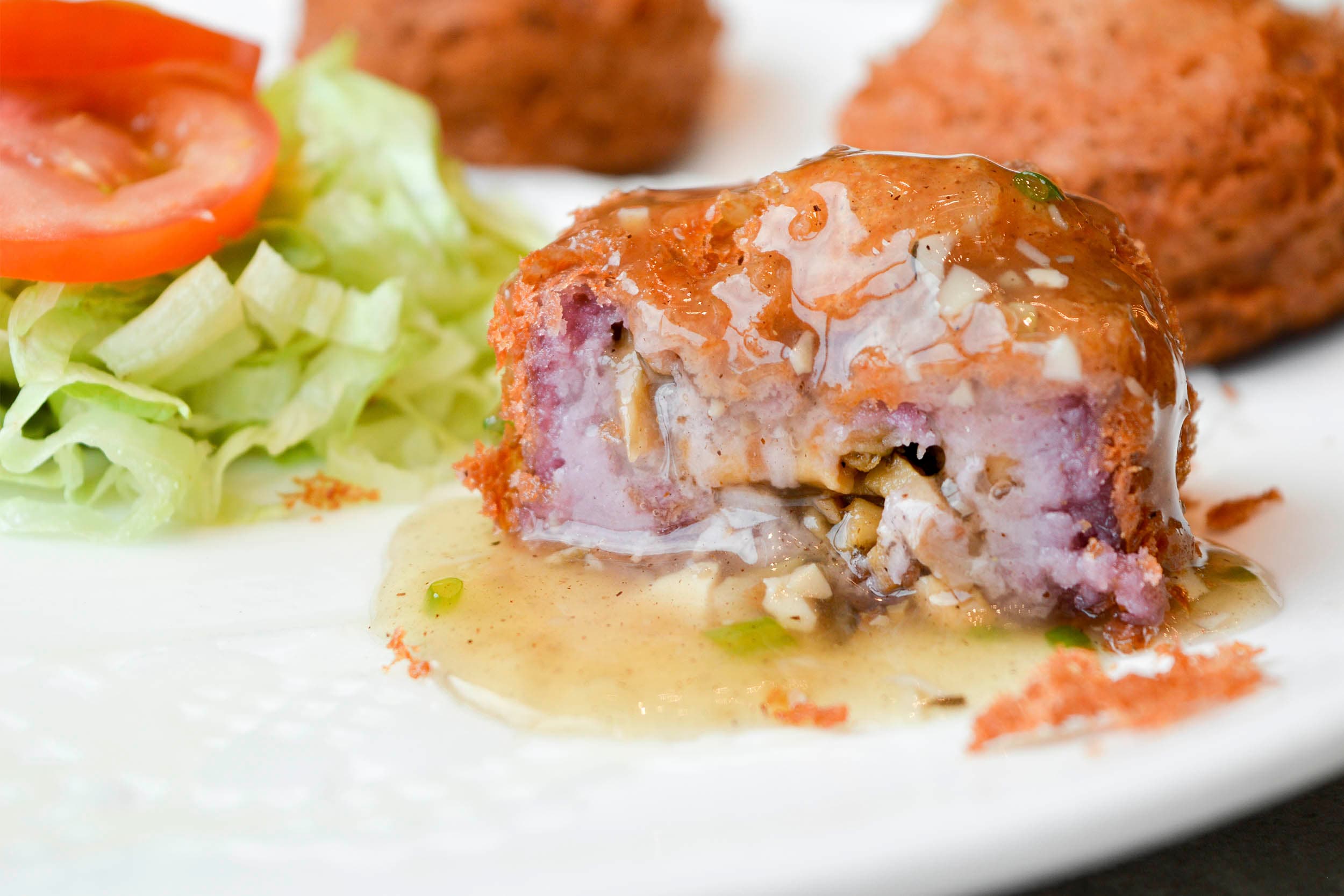 Mashed taro yam puff with seafood & mushroom sauce on the side