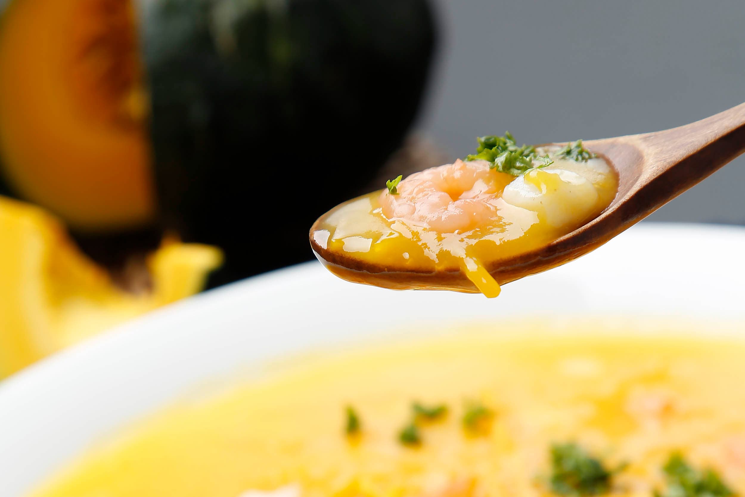 Pumpkin and seafood thick soup